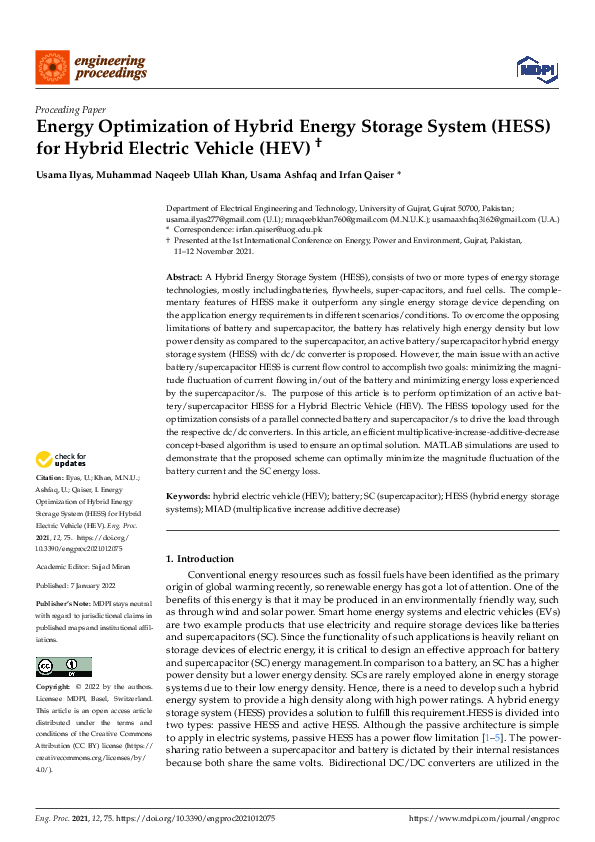 (PDF) Energy Optimization of Hybrid Energy Storage System (HESS) for ...