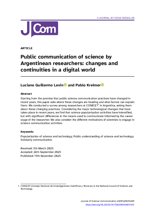 (PDF) Public communication of science by Argentinean researchers ...