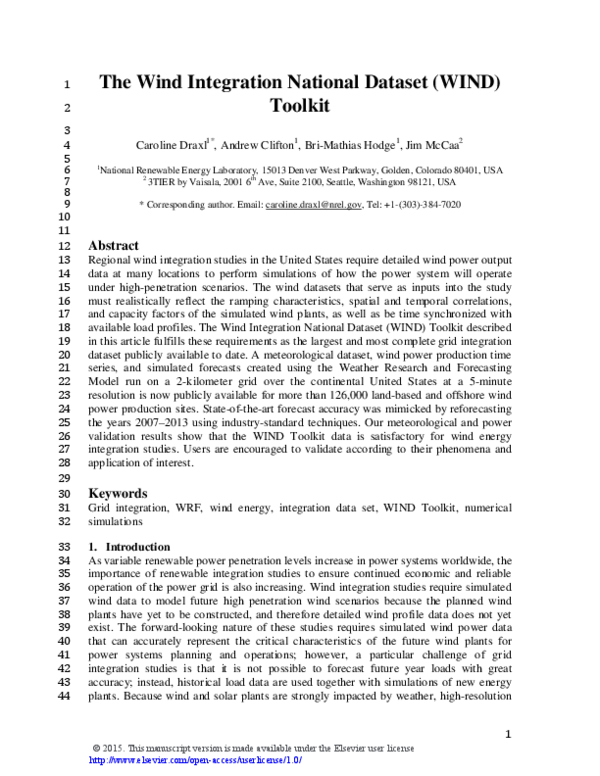 (PDF) The Wind Integration National Dataset (WIND) Toolkit