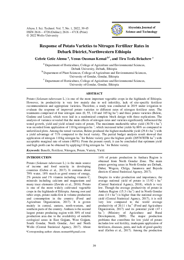 (PDF) Response of Potato Varieties to Nitrogen Fertilizer Rates in ...