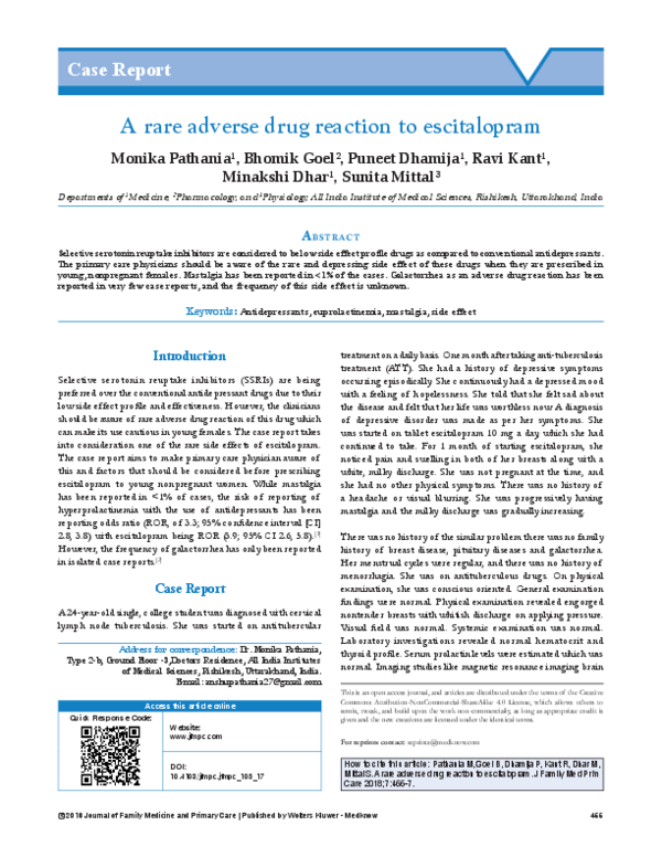 (PDF) A rare adverse drug reaction to escitalopram