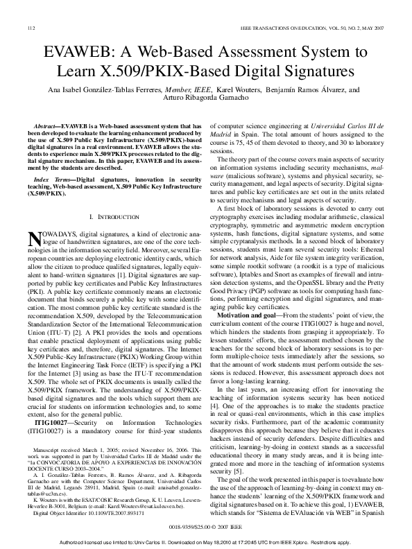 (PDF) EVAWEB: A Web-Based Assessment System to Learn X.509/PKIX-Based ...