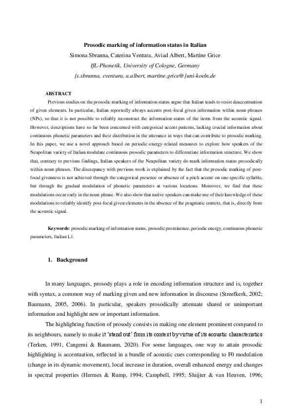 (PDF) Prosodic marking of information status in Italian. Sbranna et al 2023