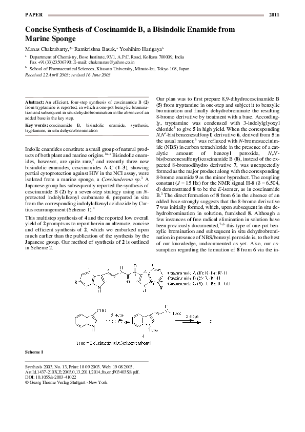 (PDF) Concise Synthesis of Coscinamide B, a Bisindolic Enamide from ...
