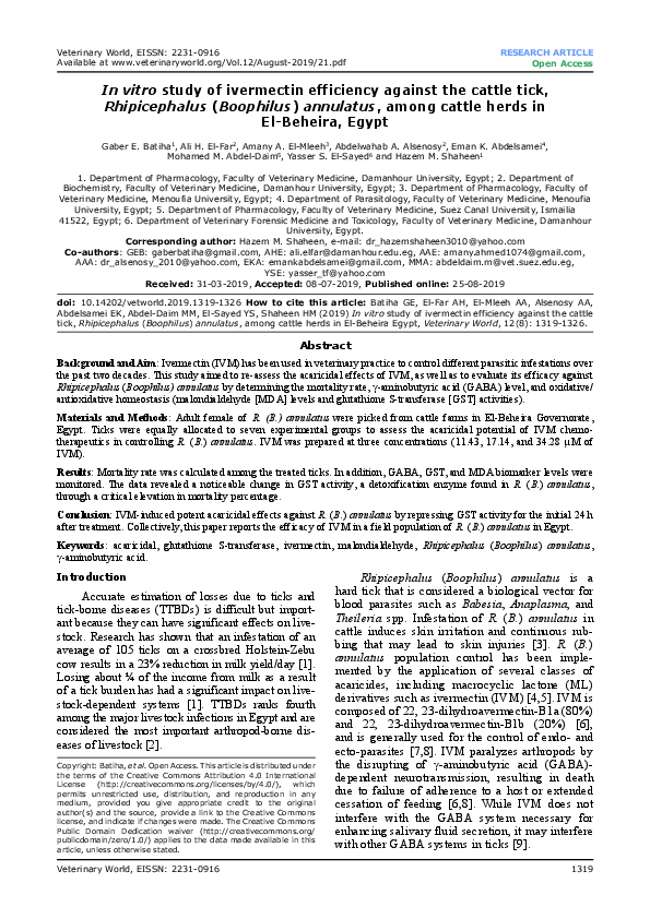 (PDF) In vitro study of ivermectin efficiency against the cattle tick ...