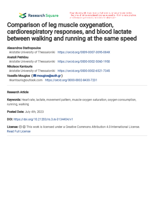 (PDF) Comparison of leg muscle oxygenation, cardiorespiratory responses ...