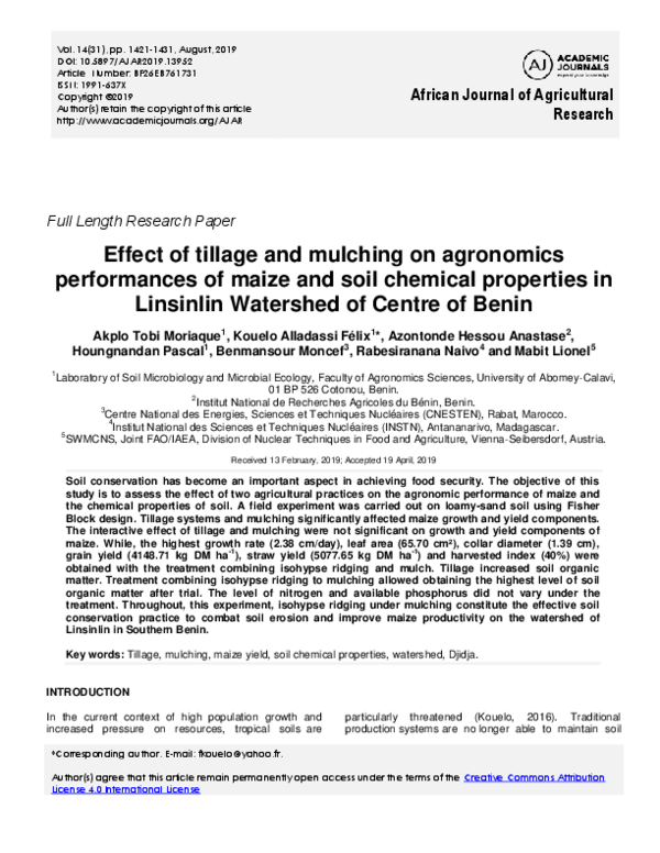 (PDF) Effect of tillage and mulching on agronomics performances of ...