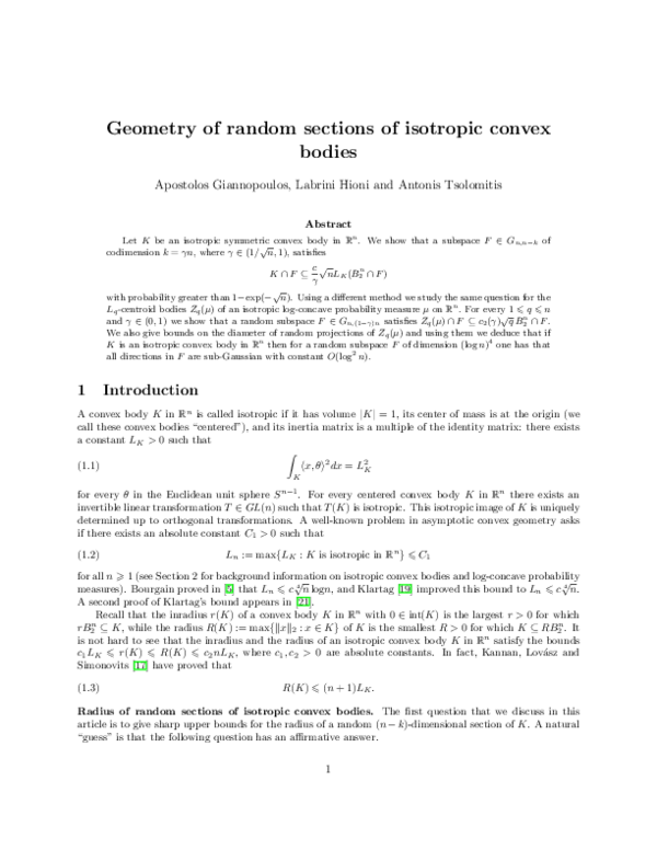(PDF) Geometry of random sections of isotropic convex bodies
