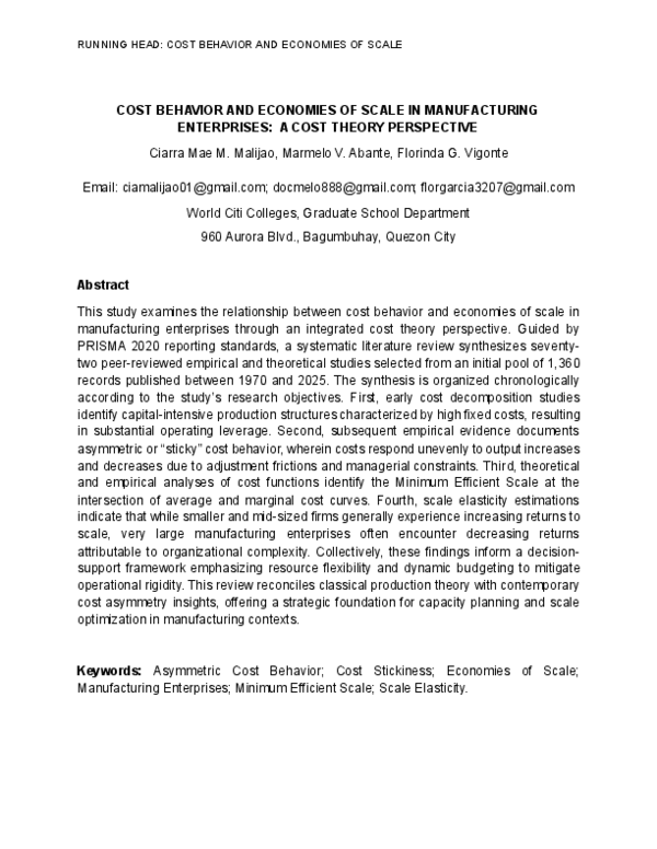 (PDF) COST BEHAVIOR AND ECONOMIES OF SCALE IN MANUFACTURING ENTERPRISES ...