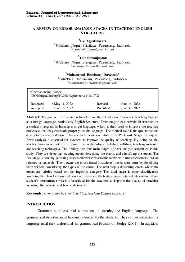 (PDF) A Review on Error Analysis Stages in Teaching English Structure