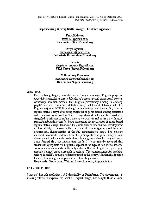 (PDF) Implementing Writing Skills through The Genre Approach