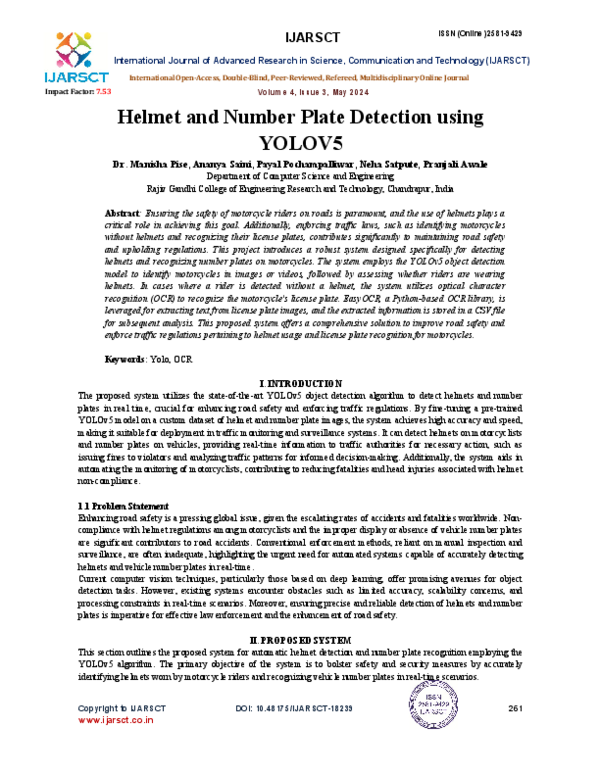 (PDF) Helmet and Number Plate Detection using YOLOV5