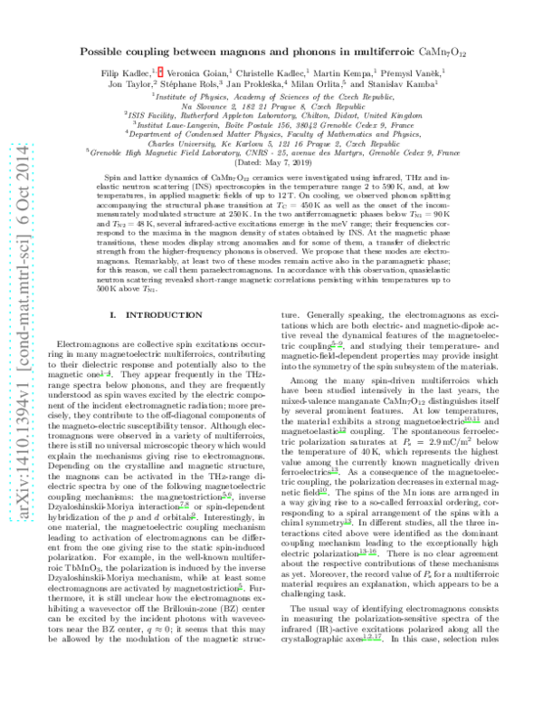 (PDF) Possible coupling between magnons and phonons in multiferroicCaMn7O12
