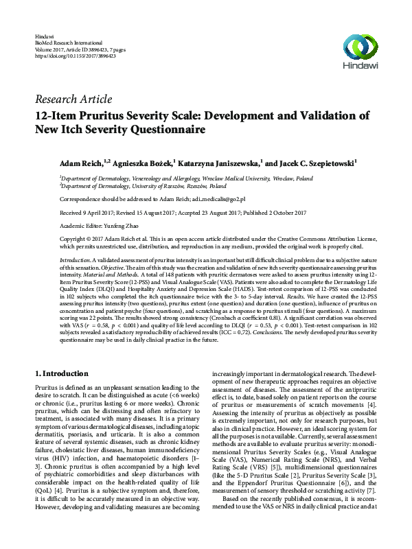(PDF) 12-Item Pruritus Severity Scale: Development and Validation of ...