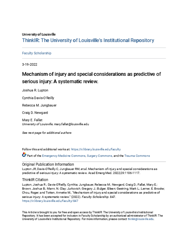 (PDF) Mechanism of injury and special considerations as predictive of ...