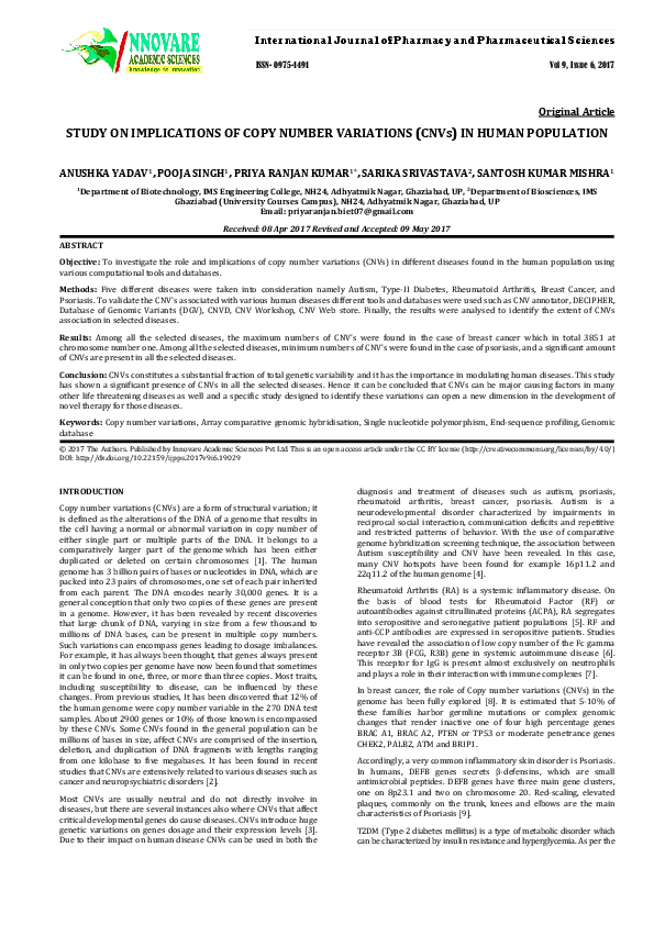 (PDF) STUDY ON IMPLICATIONS OF COPY NUMBER VARIATIONS (CNVs) IN HUMAN ...