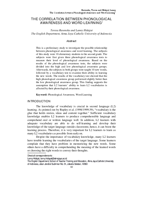 (PDF) The Correlation Between Phonological Awareness and Word Learning