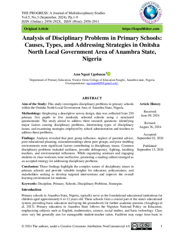 (PDF) Analysis of Disciplinary Problems in Primary Schools: Causes ...