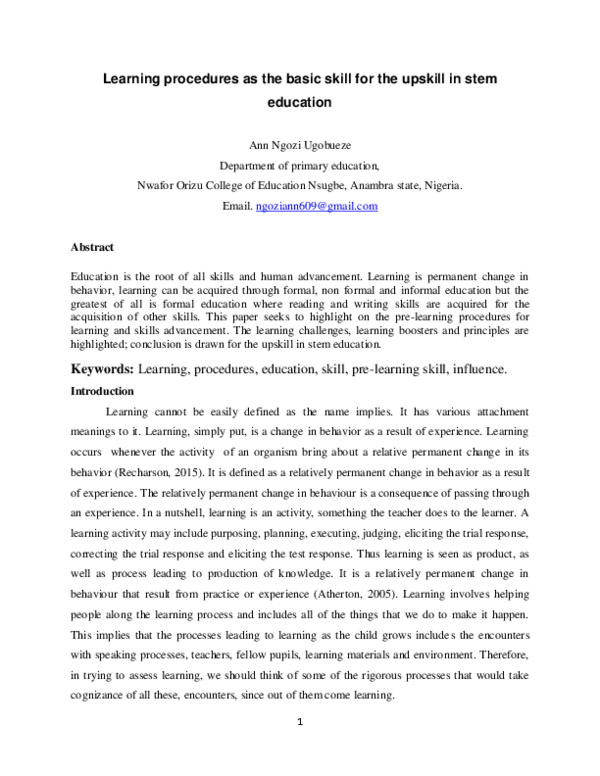 (PDF) Learning procedures as the basic skill for the upskill in stem ...
