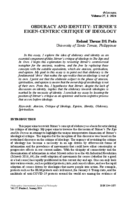 (PDF) OBDURACY AND IDENTITY: STIRNER'S EIGEN-CENTRIC CRITIQUE OF IDEOLOGY