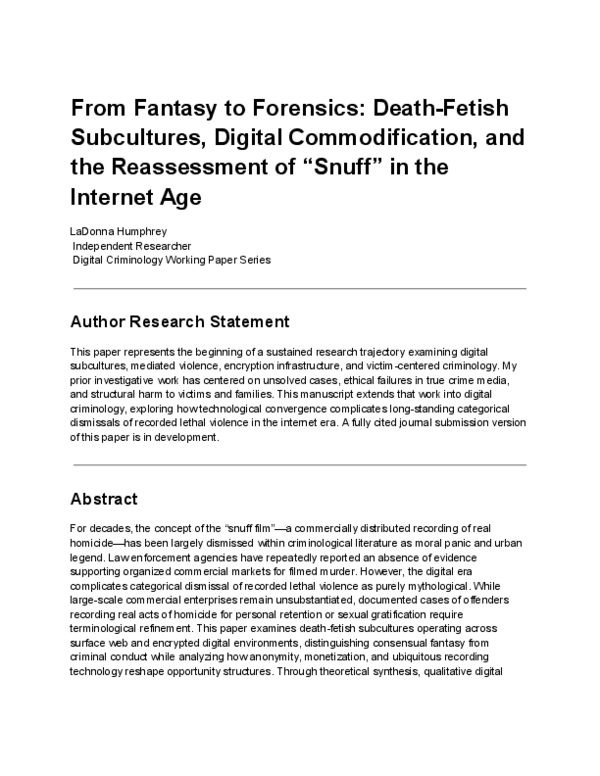 (PDF) From Fantasy to Forensics: Death-Fetish Subcultures, Digital ...