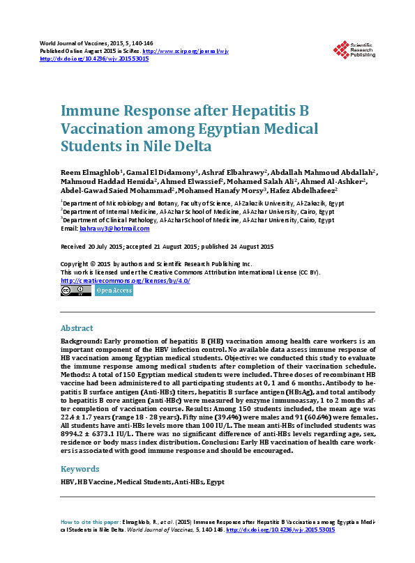 (PDF) Immune Response after Hepatitis B Vaccination among Egyptian ...