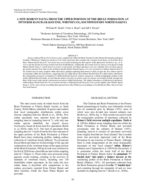 (PDF) A NEW RODENT FAUNA FROM THE UPPER PORTION OF THE BRULE FORMATION ...