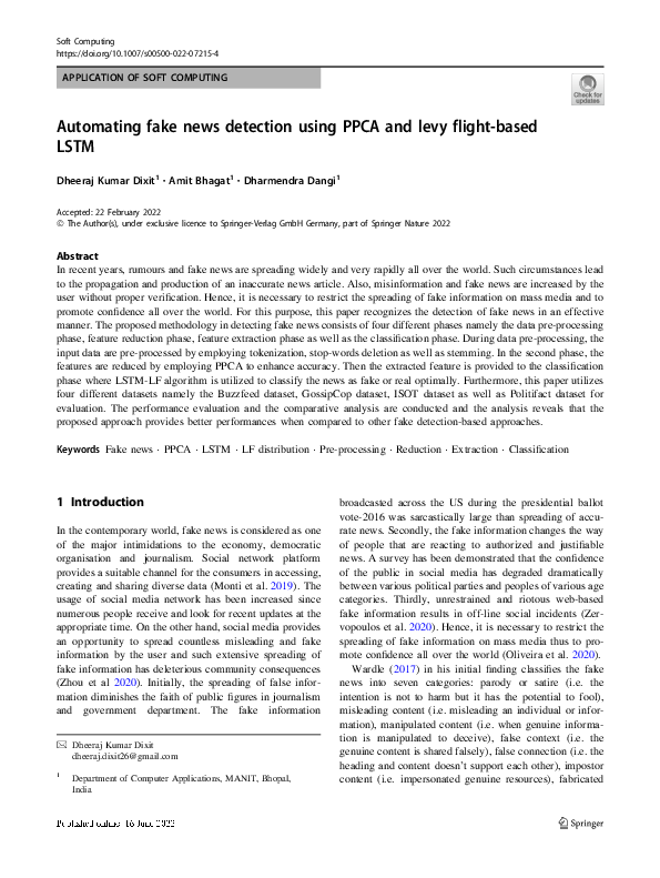 (PDF) Automating fake news detection using PPCA and levy flight-based LSTM