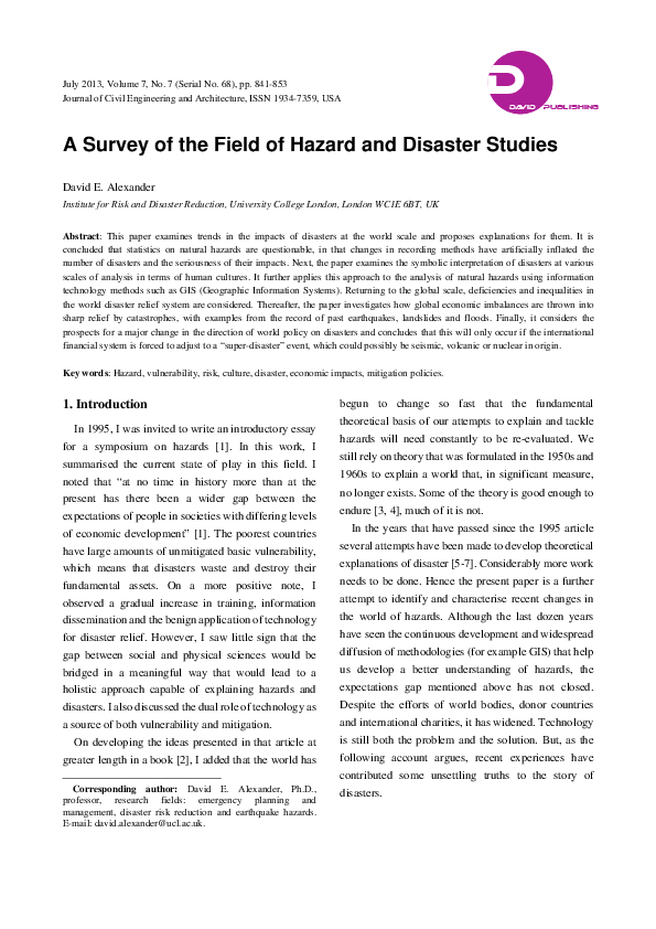 (PDF) A Survey of the Field of Hazard and Disaster Studies