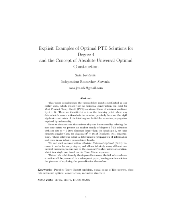 (PDF) Explicit Examples of Optimal PTE Solutions for Degree 4 and the ...