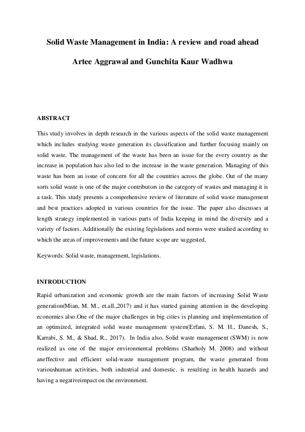 (PDF) Solid Waste Management in India: A Review and Road Rhead