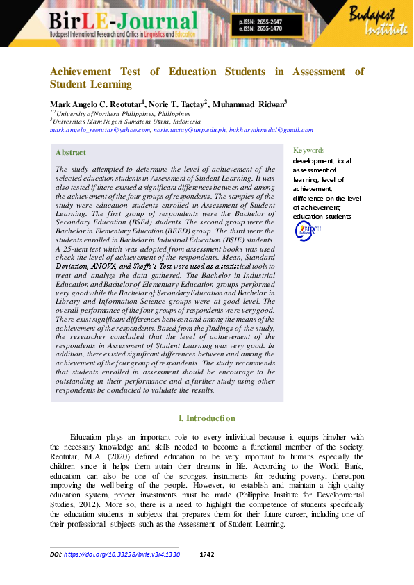 (PDF) Achievement Test of Education Students in Assessment of Student ...