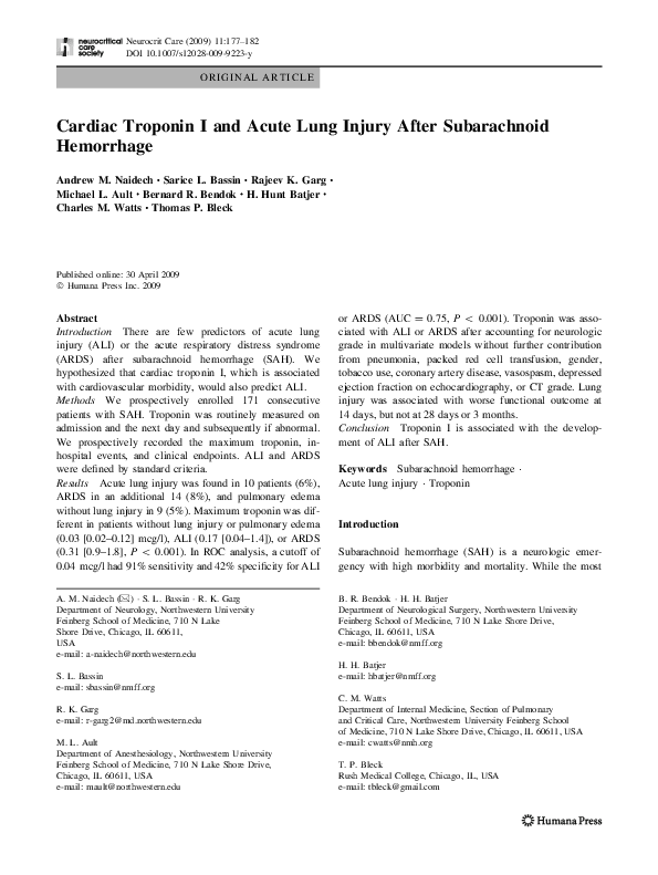 (PDF) Cardiac Troponin I and Acute Lung Injury After Subarachnoid ...
