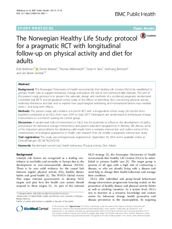 (PDF) The Norwegian Healthy Life Study: protocol for a pragmatic RCT ...