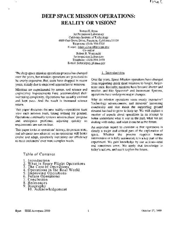 (PDF) Deep space mission operations: reality or vision?
