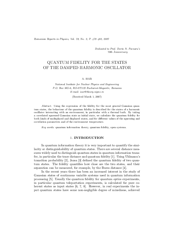 (PDF) Quantum Fidelity for the States of the Damped Harmonic Oscillator