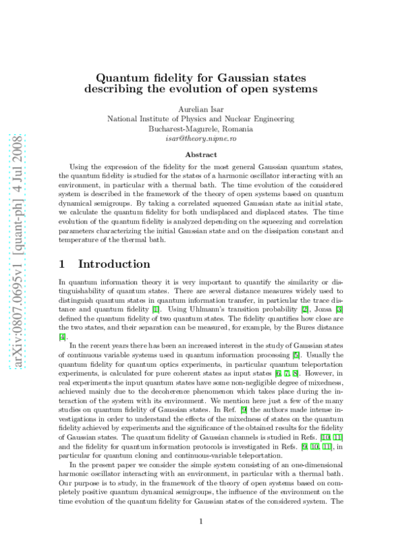 (PDF) Quantum fidelity for Gaussian states describing the evolution of ...