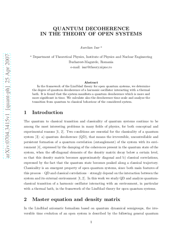 (PDF) Quantum decoherence in the theory of open systems