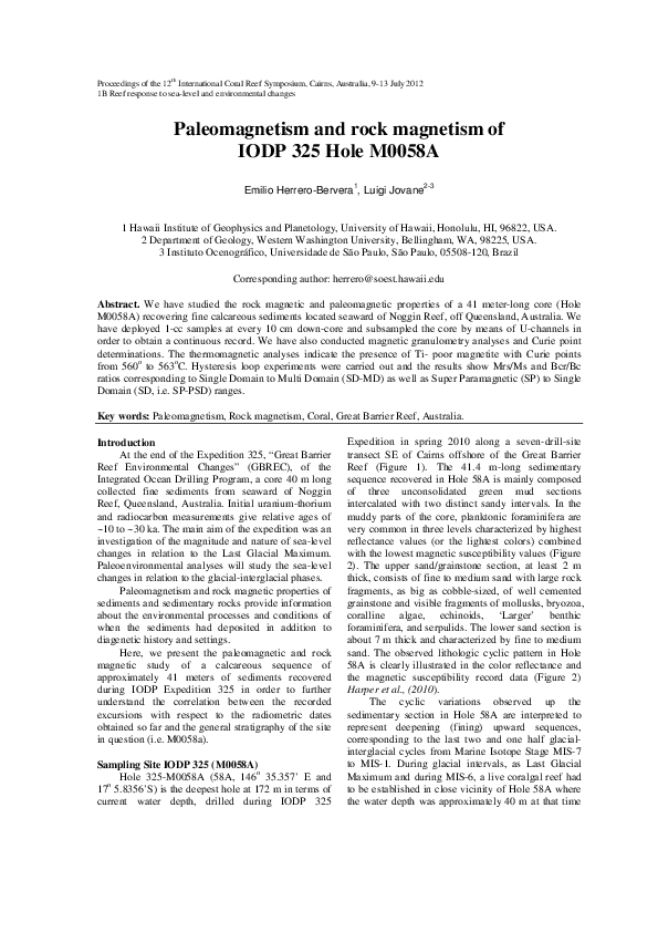 (PDF) Paleomagnetism and rock magnetism of IODP 325 Hole M0058A