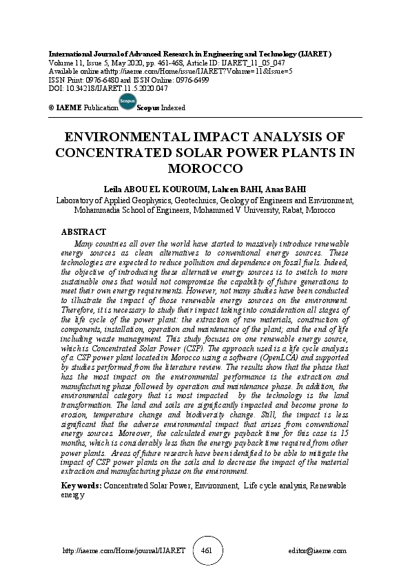 (PDF) Environmental Impact Analysis of Concentrated Solar Power Plants ...