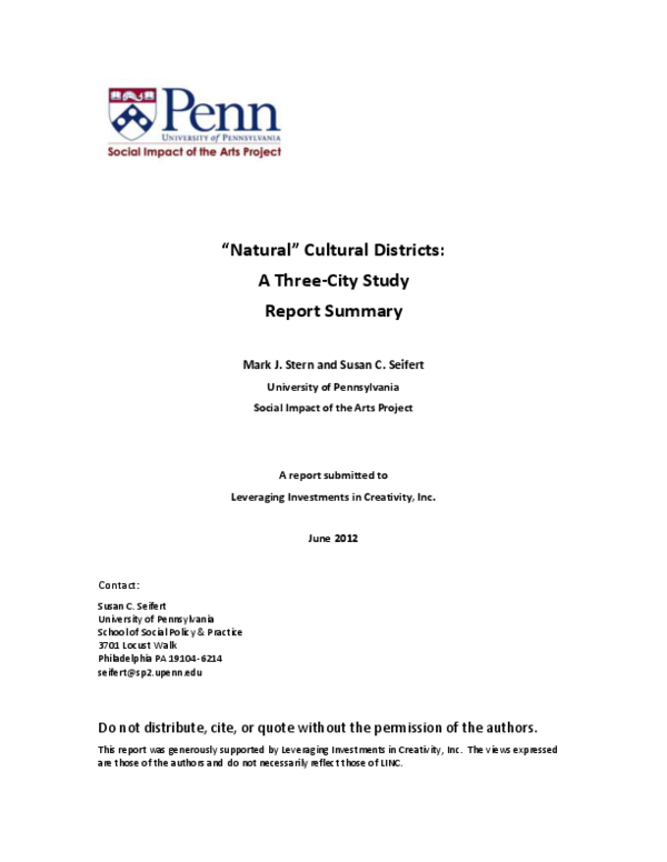 (PDF) “Natural” Cultural Districts: A Three-City Study—Report Summary