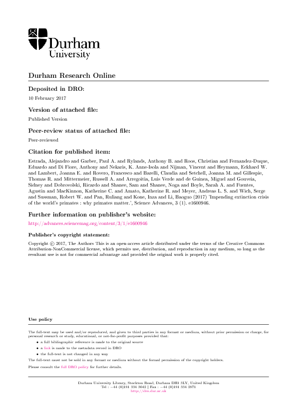 (PDF) Impending extinction crisis of the world's primates: Why primates ...