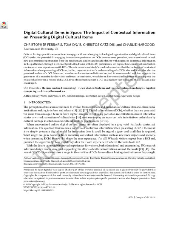 (PDF) Digital Cultural Items in Space: The Impact of Contextual ...