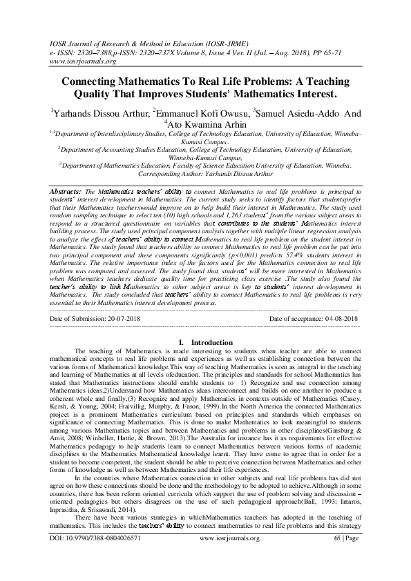 (PDF) Connecting Mathematics To Real Life Problems : A Teaching Quality ...