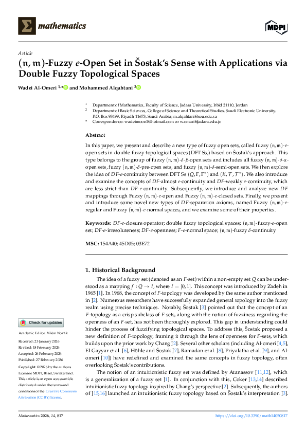 (PDF) n, m)-Fuzzy e-Open Set in Šostak's Sense with Applications via ...