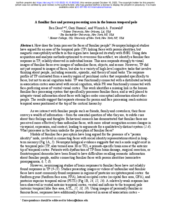 (PDF) A familiar face and person processing area in the human temporal pole