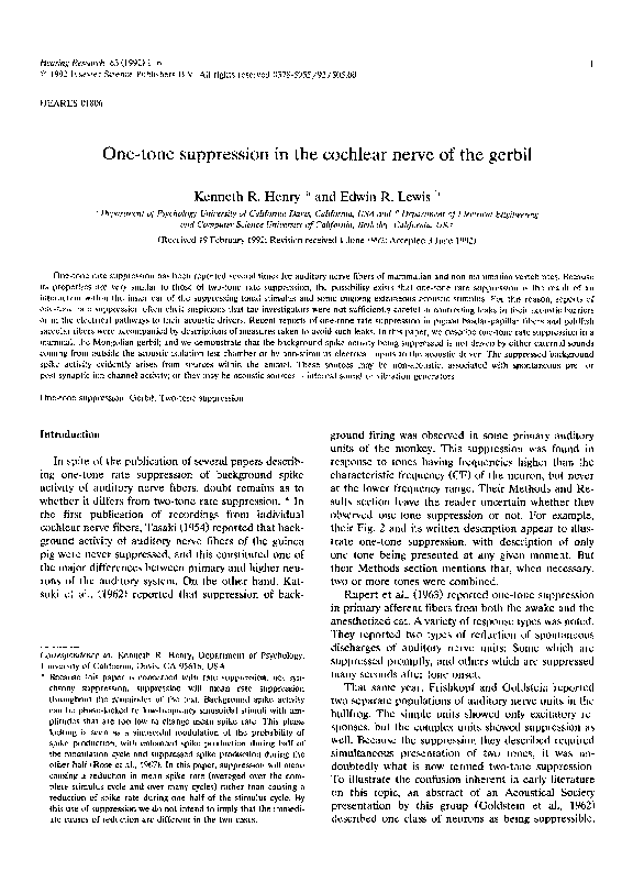 (PDF) One-tone suppression in the cochlear nerve of the gerbil