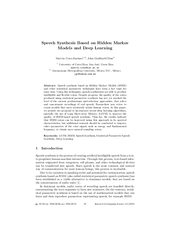 (PDF) Speech Synthesis Based on Hidden Markov Models and Deep Learning