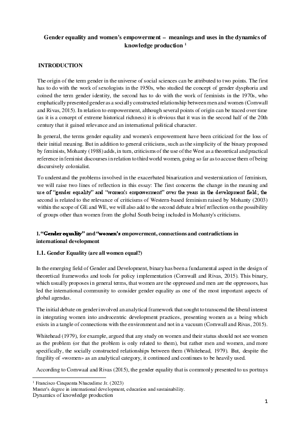 (PDF) Gender equality and women's empowerment - meanings and uses in ...