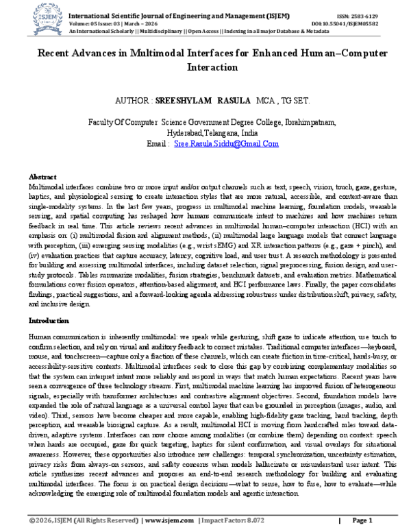 (PDF) Recent Advances in Multimodal Interfaces for Enhanced Human ...